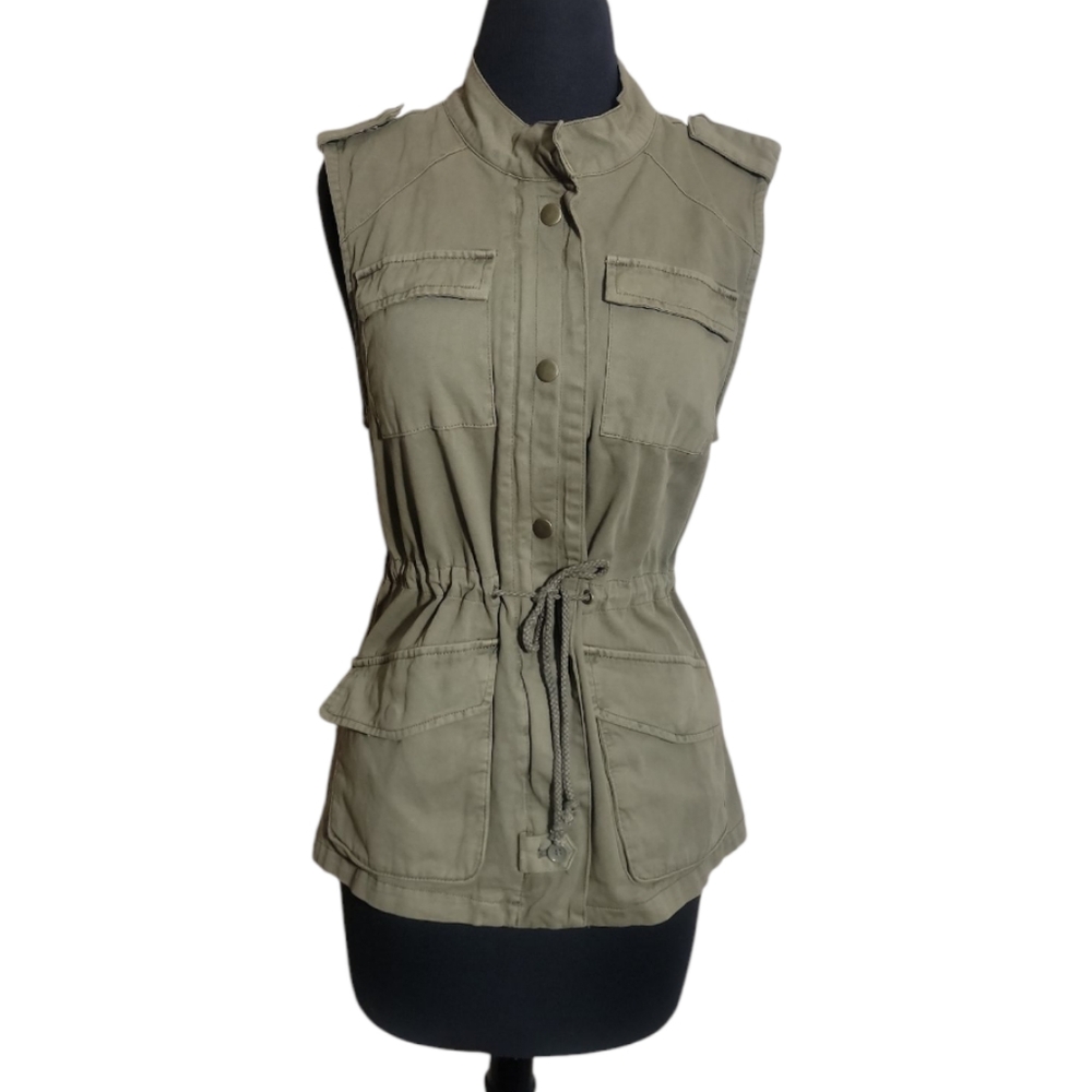 Per Se utility vest women's small olive green safari cargo military snap zip